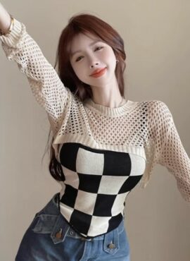 Beige Hollow Long Sleeves And Checkered Top | Seohyun - Girls Generation