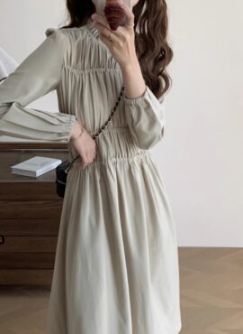 Beige Classic Ruched Long Sleeves Dress | Do Do Hee - My Demon