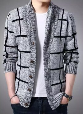 Grey Grid Lines Knitted Cardigan | Song Woo Taek - A Good Day To Be A Dog