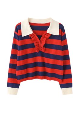 Red Collared Stripe Sweater With Ruffled Neckline | Jihyo - Twice