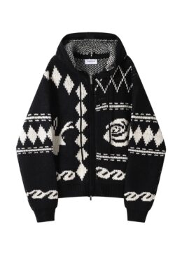 Black Patterned Hooded Knit Jacket | Karina - Aespa