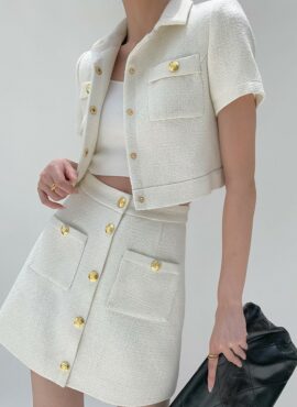 White Tweed Button-Up Skirt | Lisa - BlackPink