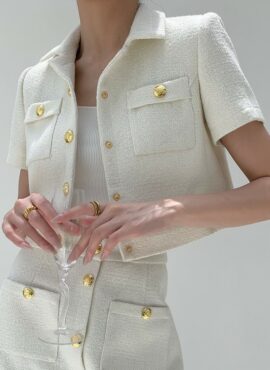 White Tweed Short Sleeve Jacket | Lisa - BlackPink