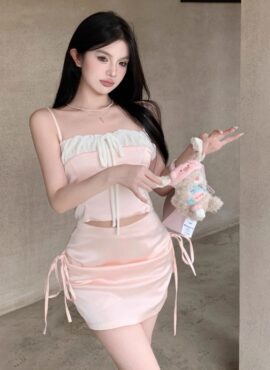 Pink Side Tie Satin Skirt | Sakura - Le Sserafim
