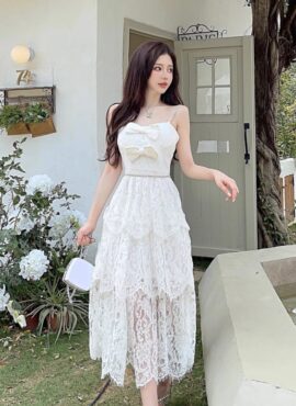 White Double Bow Bustier Lace Dress | Momo - Twice