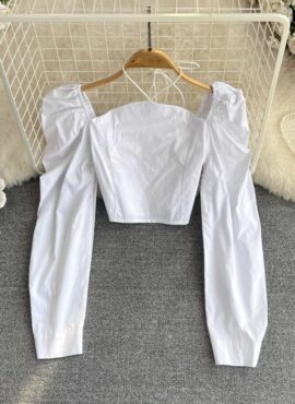 White Puffed Sleeves Halter Top | Sieun - STAYC