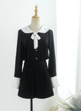 Black Long Sleeve Doll Collar Tie Shirt | Wonyoung - IVE