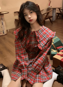 Red Plaid Doll Collared Dress | Chuu - Loona
