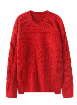 Red Round Neck Twist Knit Sweater | IM - MONSTA X